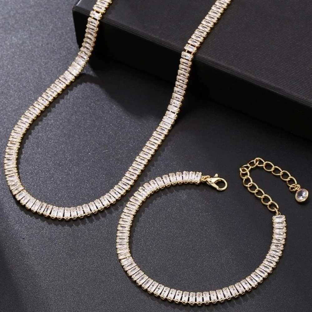 Baguette Crystal Gold Plated Zircon Diamond Necklace Bracelet Set - Picture 1 of 9